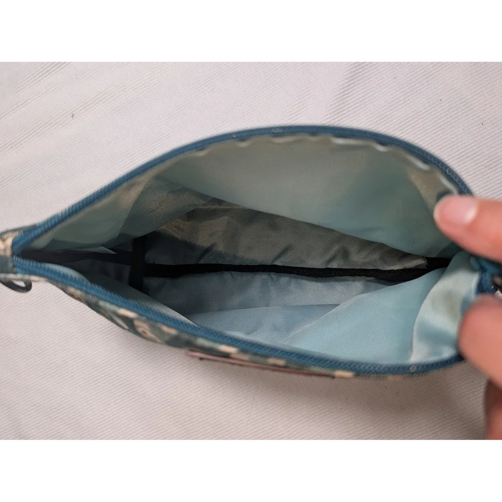 KAVU Pixie Pouch Owl Print Canvas Wristlet Accessory Bag Brown Teal Clutch